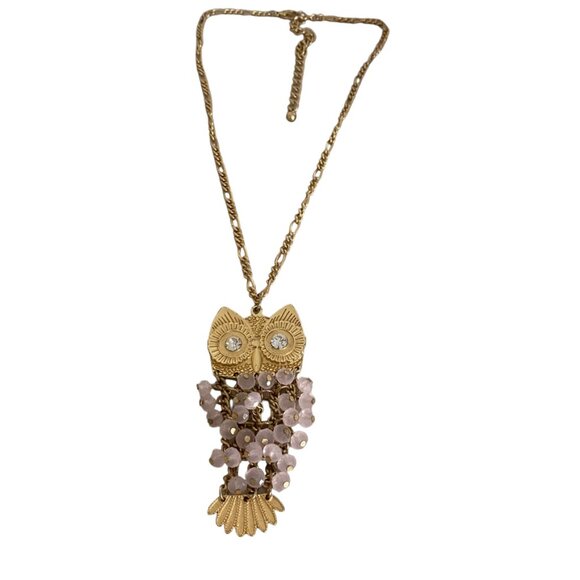 Gold Tone Owl Pendant Large Chain Necklace statement Pink beads - Picture 5 of 8